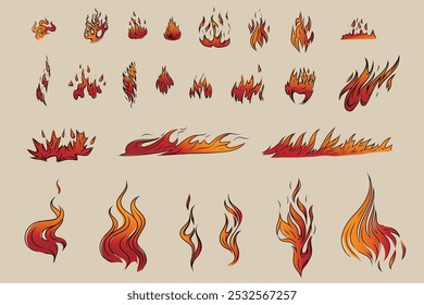 Conjunto de contornos de fogo, gráficos vetoriais desenhados à mão para lareira, grade, embalagem, etc.