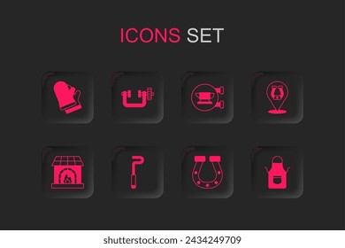 Set Fire poker, Clamp and screw tool, Protective gloves, Horseshoe, Blacksmith apron, anvil and oven icon. Vector