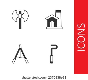Set Fire poker, Medieval poleaxe, Air blower bellows and Smithy workshop interior icon. Vector