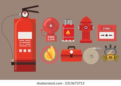 set of fire prevention and suppression tools designed in bright red icons for fire departments. It is a vector illustration style.
