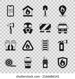 Set Fire protection shield, extinguisher, truck, shovel, Gas mask, Firefighter axe, Mobile emergency call 911 and Road barrier icon. Vector