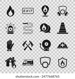 Set Fire protection shield, Firefighter helmet, Traffic cone, Location with fire flame, hose reel, Flasher siren,  and Telephone call 911 icon. Vector