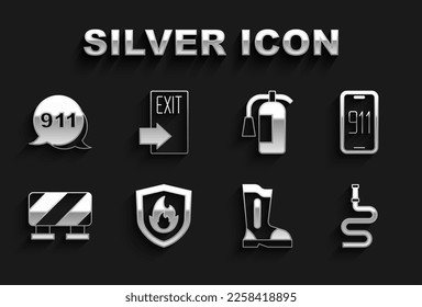 Set Fire protection shield, Mobile emergency call 911, hose reel, boots, Road barrier, extinguisher, Emergency and exit icon. Vector
