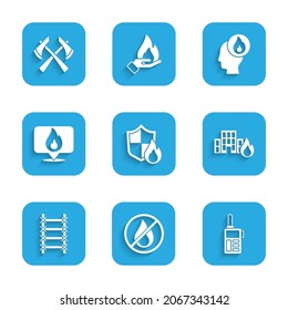 Set Fire protection shield, No fire, Walkie talkie, in burning buildings, escape, Location with flame, Firefighter and axe icon. Vector