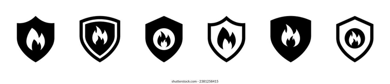 Set of fire protection vector icons. Shield with flame icon. Burn protect.