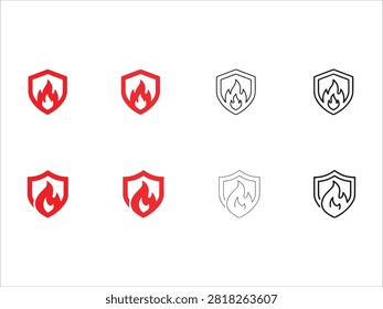 Set of fire safety shield icons with flames in various styles
