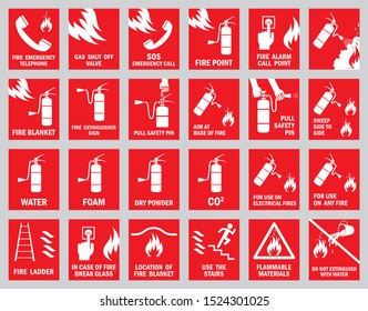Set of fire safety signs. Collection of warning signs. Vector illustration. Signs of danger. Signs of alerts. Fire icons.