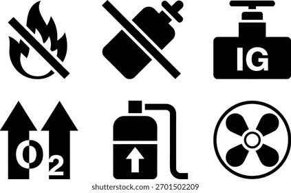 Um conjunto de sinais de segurança contra incêndio, incluindo sinais de inflamabilidade, ausência de cilindro de gás, oxigênio e outros avisos de perigo. Ilustração vetorial isolada sobre fundo branco para uso industrial.