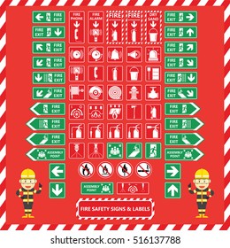 Set of Fire Safety Signs and Labels with Cute Fire Fighter Cartoon Design