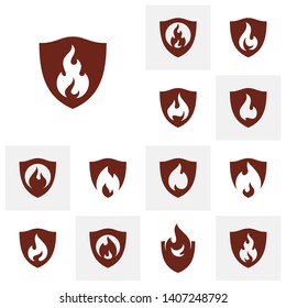 Set of Fire Shield Logo Design Vector Template. Shield Fire Logo Concept. Icon Symbol.