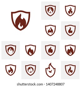 Set of Fire Shield Logo Design Vector Template. Shield Fire Logo Concept. Icon Symbol.