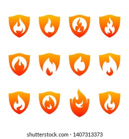 Set of Fire Shield Logo Design Vector Template. Shield Fire Logo Concept. Icon Symbol.