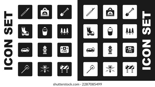 Set Fire shovel, bucket, boots, Metal pike pole, Forest, Interior fireplace, alarm system and Burning car icon. Vector