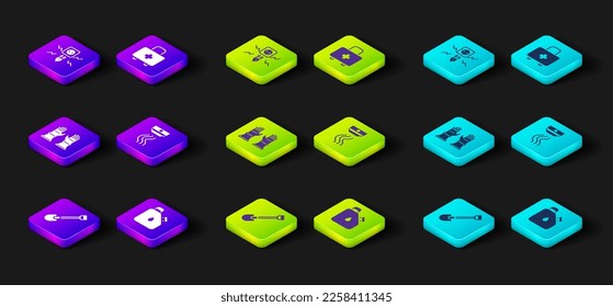 Set Fire shovel, Canister fuel, Firefighter gloves, Smoke alarm system, First aid kit and Electricity spark icon. Vector