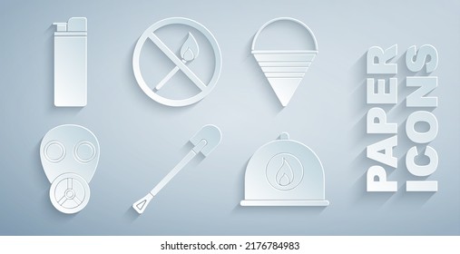 Set Fire shovel, cone bucket, Gas mask, Firefighter helmet, No fire match and Lighter icon. Vector