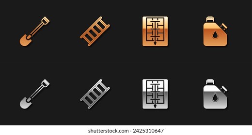 Set Fire shovel, escape, Evacuation plan and Canister fuel icon. Vector