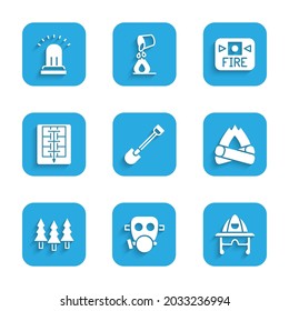 Set Fire shovel, Gas mask, Firefighter helmet, Campfire, Forest, Evacuation plan, alarm system and Ringing bell icon. Vector