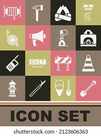 Set Fire shovel, Traffic cone, Interior fireplace, Campfire, Megaphone, hose reel,  and Bucket extinguishing icon. Vector