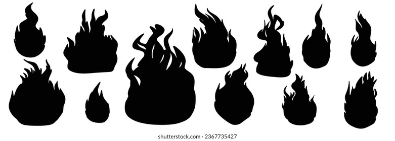 Juego de siluetas de fuego. Silueta dibujada a mano de las llamas. Ilustración vectorial.