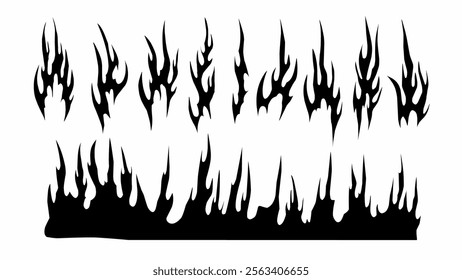 Set of fire silhouettes, vector illustration in abstract black shape 