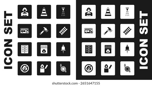 Set Fire sprinkler, Firefighter axe, truck, escape, Traffic cone, Ringing alarm bell and Evacuation plan icon. Vector