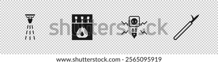 Set Fire sprinkler, Matchbox and matches, Electricity spark and Metal pike pole icon. Vector