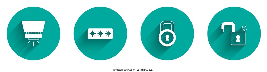 Set Fire sprinkler system, Password protection, Lock and Open padlock icon with long shadow. Vector