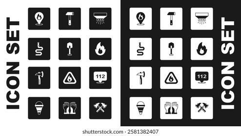 Set Fire sprinkler system, shovel, hose reel, Location with fire flame, Hammer, Emergency call and Firefighter axe icon. Vector