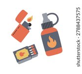 Set of fire starter tools in retro flat style. Matches, lighter and lighter fluid bottle. Outdoor survival elements for camping, hiking and campfire ignition. Minimal vector illustration.