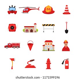 Set of fire station icons. Fireman equipment and transportation. House on fire. Flat vector illustration isolated on white.