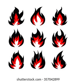 Set of fire symbols in black and red on the isolated background, vector illustration.