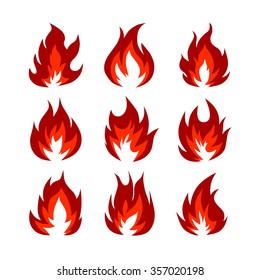 Set of fire symbols in orange and red on the isolated background, vector illustration. Campfire set. Red fire. Different shapes.