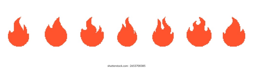 Set of Fire templates in pixel art style. Orange flame silhouettes. Heat, burn, labels. Isolated on white background