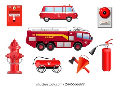 Conjunto de elementos de transporte y alarma de incendios y extinción de incendios sobre un fondo blanco. Ilustración vectorial