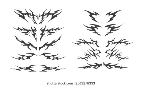 Set of fire tribal vector elements, gothic symmetrical abstract shapes y2k handrawn for tattoo design, streetwear, t-shirt print