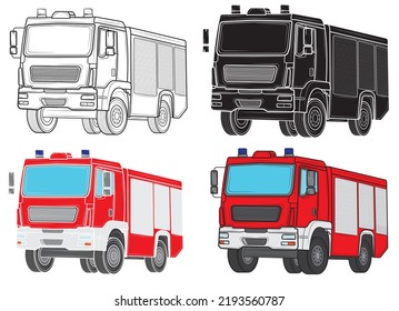 Set of Fire truck ambulance car.Side view.Vector illustration.