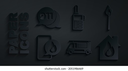 Set Fire truck, Burning match with fire, Phone emergency call 911, burning house, Walkie talkie and Telephone icon. Vector