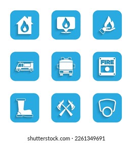 Set Fire truck, Firefighter axe, Gas mask, alarm system, boots, Hand holding fire and burning house icon. Vector