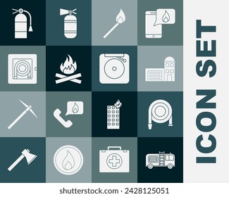 Set Fire truck, hose reel, Building of fire station, Burning match with, Campfire, cabinet, extinguisher and Ringing alarm bell icon. Vector