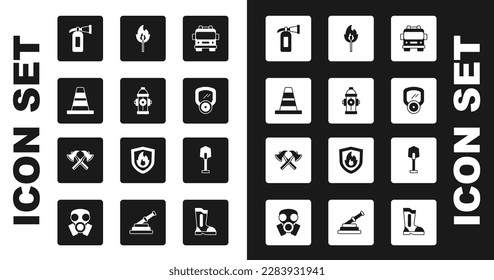 Colocar camión de bomberos, hidrantes, cono de tráfico, extintor, máscara de gas, fósforo de quema con fuego, pala y icono del hacha de bombero. Vector