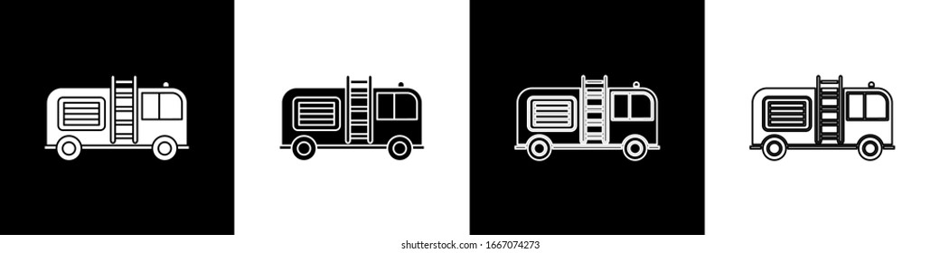 Set Fire truck icon isolated on black and white background. Fire engine. Firefighters emergency vehicle.  Vector Illustration