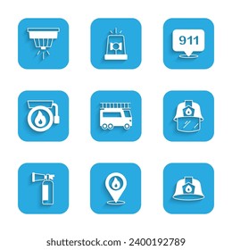 Set Fire truck, Location with fire flame, Firefighter helmet, extinguisher, Ringing alarm bell, Emergency call 911 and Smoke system icon. Vector