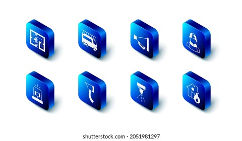 Set Fire truck, Megaphone, Firefighter, in burning house, sprinkler system, axe, Flasher siren and Evacuation plan icon. Vector
