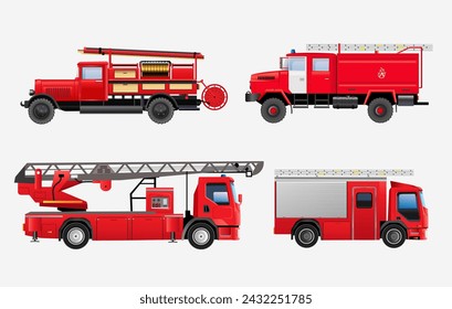 Set of fire trucks from different years on a white background. Vector realistic illustration