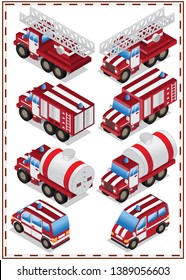 A set of fire trucks. Isometric. Isolated on white background. Vector illustration.