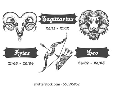 Set of Fire Zodiac signs. Aries Sagittarius and Leo drawn in engraving style. Vector illustration.