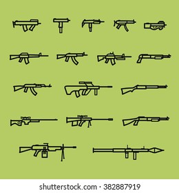 Set of firearm and weapon silhouette icons, line style, gun, machine gun, shotgun and rifle, firearm stock vector image