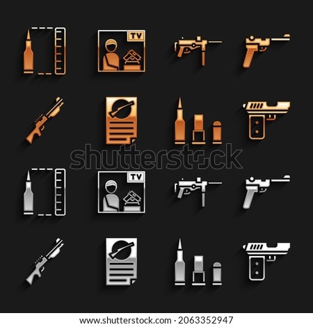 Set Firearms license certificate, Mauser gun, Pistol or, Bullet, Hunting, Submachine M3,  and Advertising weapon icon. Vector