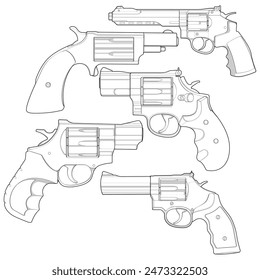 Conjunto de estilo de arte de línea de armas de fuego, pistola, ilustración de arma, línea de Vector, ilustración de pistola, pistola moderna, concepto militar, arte de línea de pistola para entrenamiento
