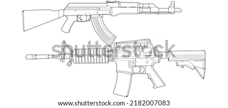 Set of firearms line art style, Shooting gun, Weapon illustration, Vector Line, Gun illustration, Modern Gun, Military concept, Pistol line art for training
